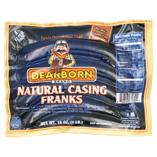 slide 1 of 1, Dearborn Natural Casing Franks, 16 oz