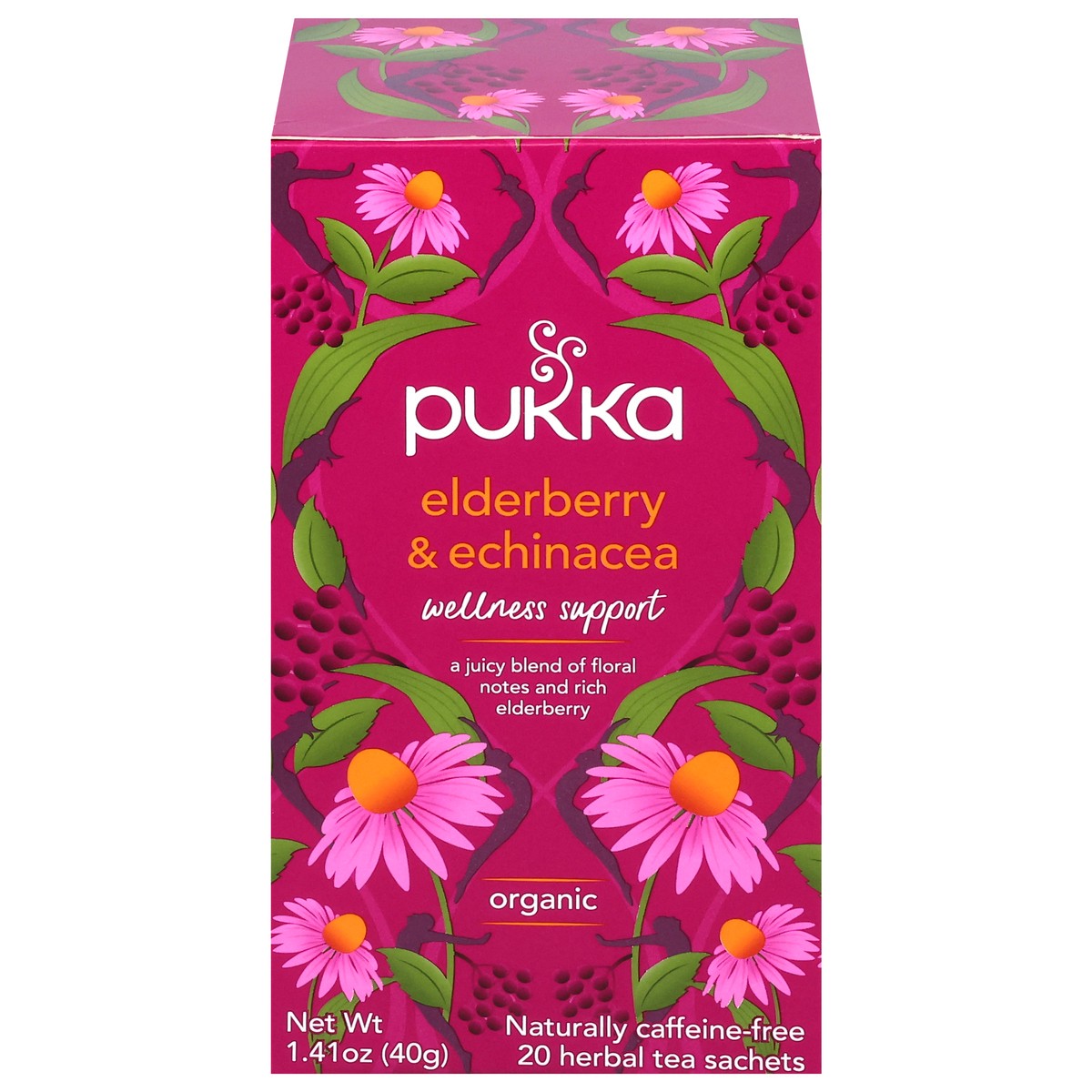slide 1 of 4, Pukka Organic Naturally Caffeine-Free Wellness Support Elderberry & Echinacea Herbal Tea 20 Sachets, 20 ct
