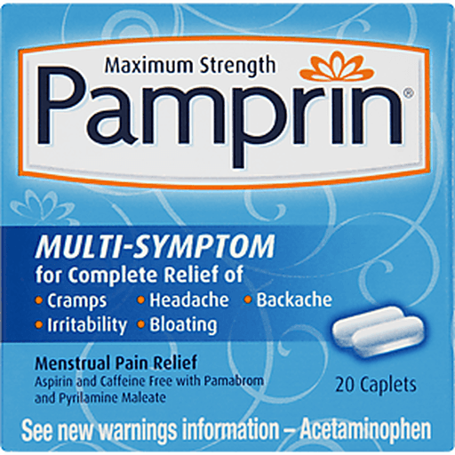 slide 4 of 8, Pamprin Maximum Strength Multi Symptom Caplets, 20 ct
