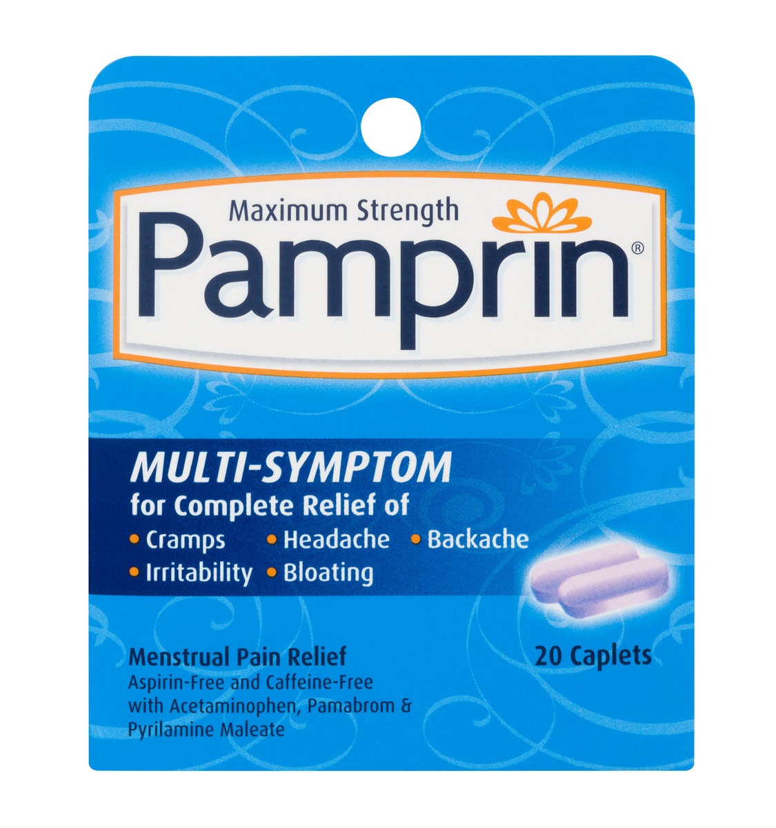 slide 1 of 1, Pamprin Maximum Strength Multi Symptom Caplets, 20 ct