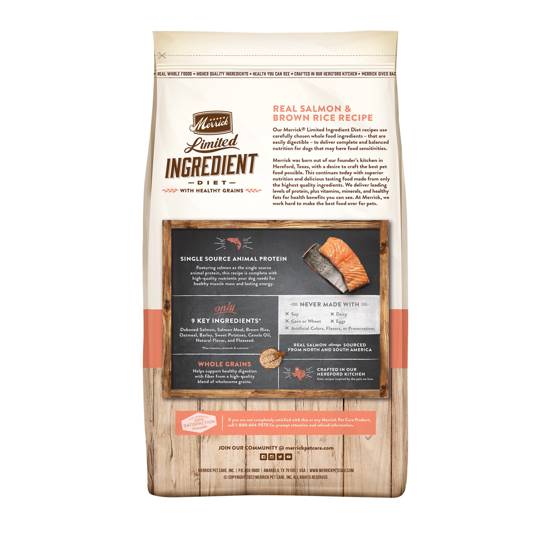 slide 5 of 8, Merrick Limited Ingredient Diet Premium And Natural Kibble With Healthy Grains, Salmon And Brown Rice Dog Food, 22 lb