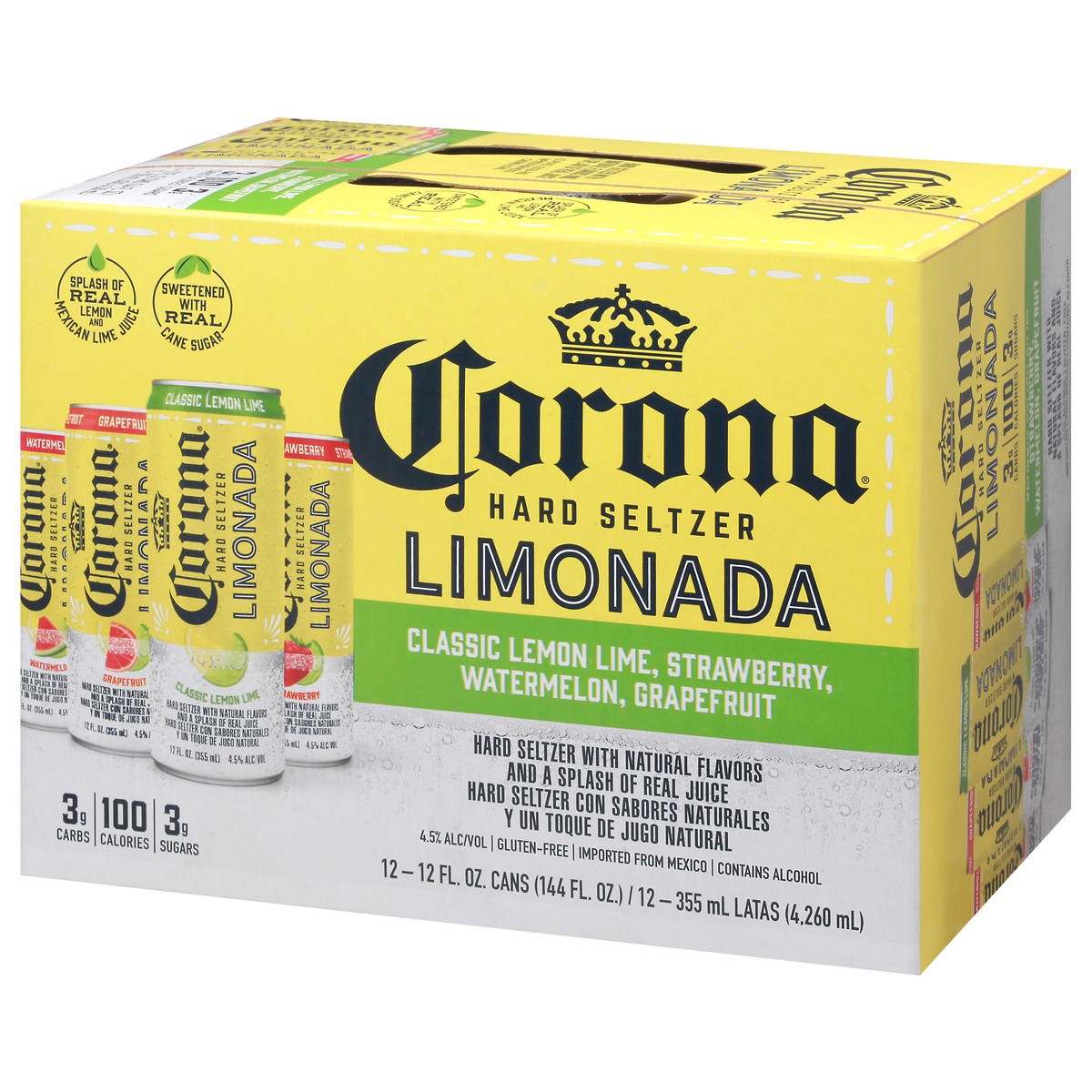 slide 3 of 10, Corona Hard Seltzer Limonada Variety Pack Gluten Free, 12 pk 12 fl oz Cans, 4.5% ABV, 144 fl oz