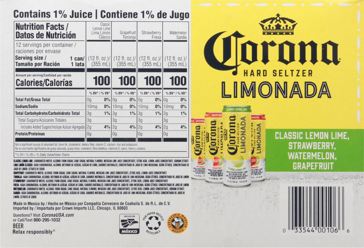 slide 6 of 10, Corona Hard Seltzer Limonada Variety Pack Gluten Free, 12 pk 12 fl oz Cans, 4.5% ABV, 144 fl oz