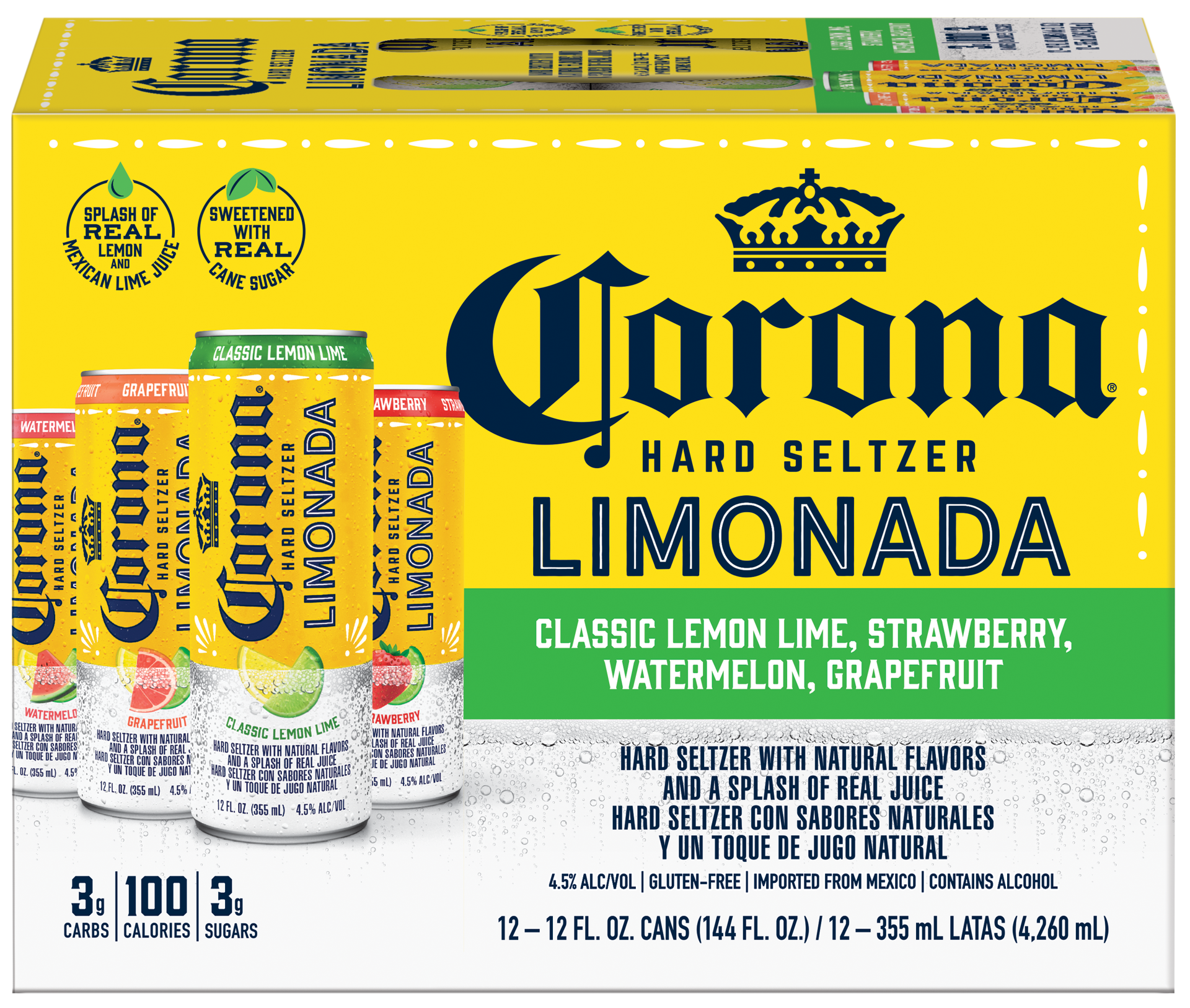 slide 1 of 10, Corona Hard Seltzer Limonada Variety Pack Gluten Free, 12 pk 12 fl oz Cans, 4.5% ABV, 144 fl oz