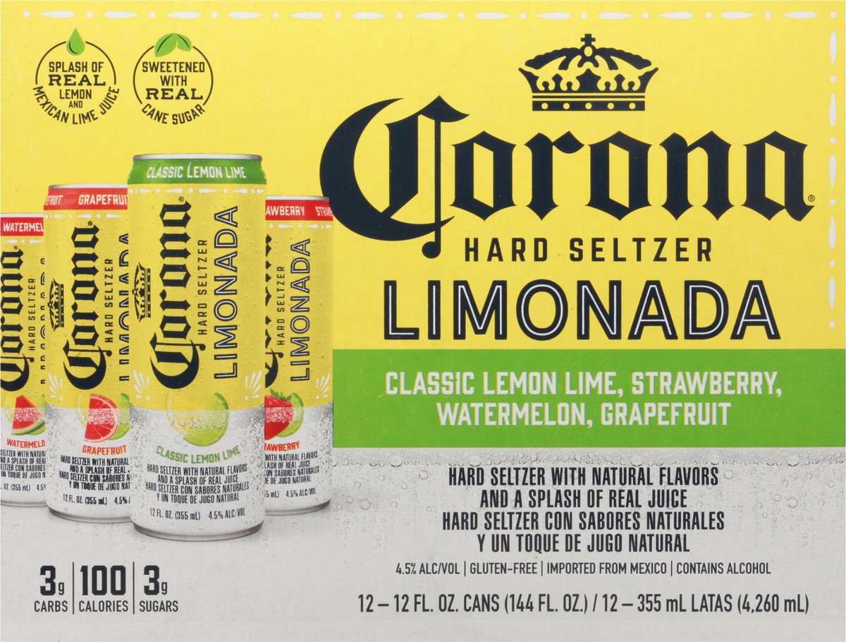 slide 8 of 10, Corona Hard Seltzer Limonada Variety Pack Gluten Free, 12 pk 12 fl oz Cans, 4.5% ABV, 144 fl oz