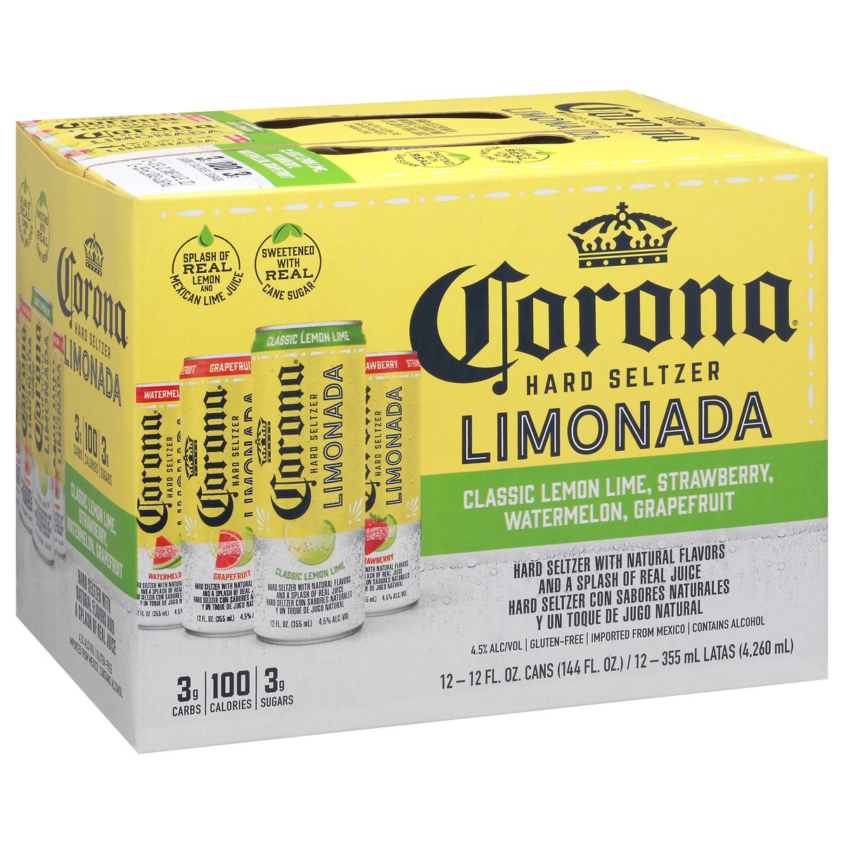 slide 10 of 10, Corona Hard Seltzer Limonada Variety Pack Gluten Free, 12 pk 12 fl oz Cans, 4.5% ABV, 144 fl oz