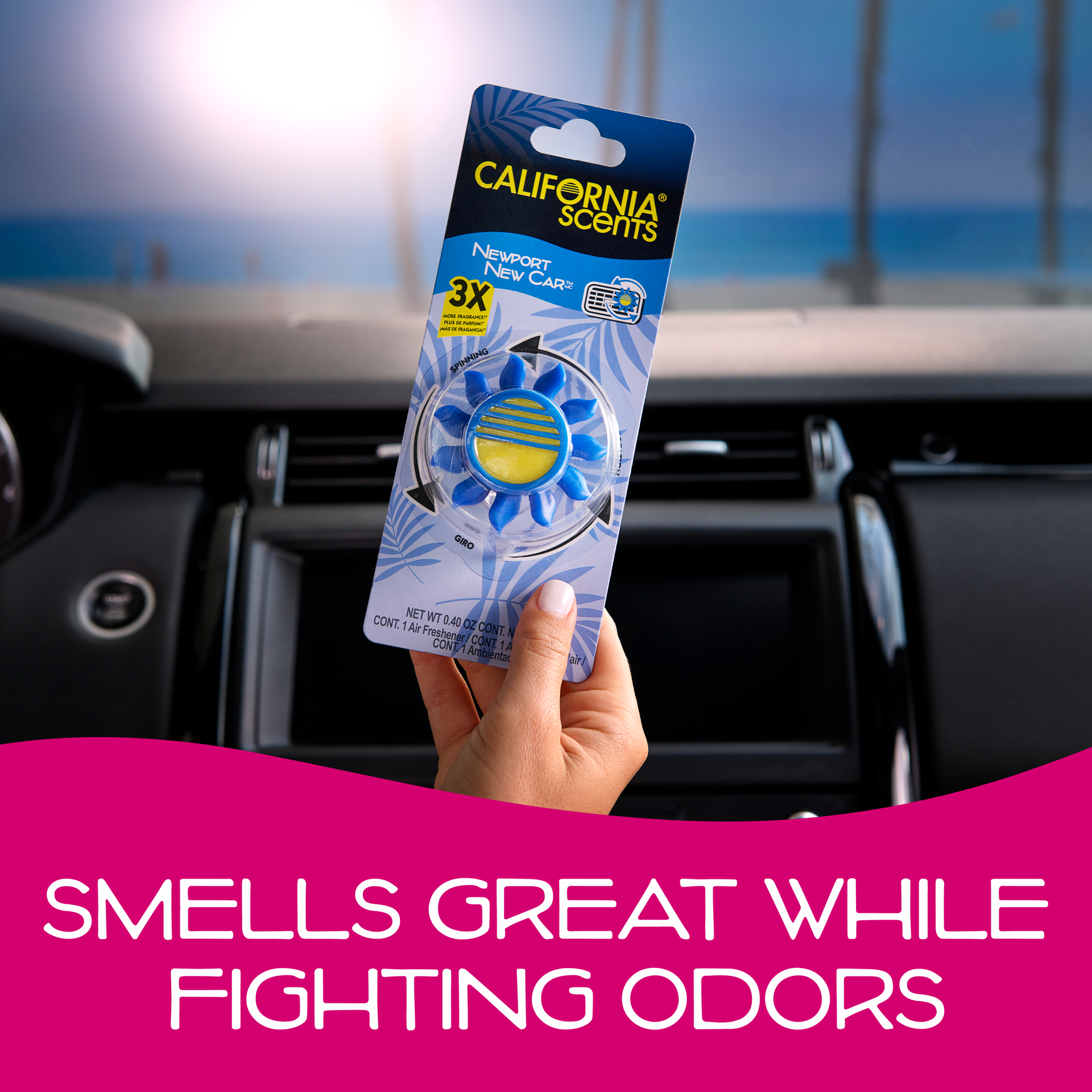 slide 5 of 6, California Scents Novelty Sun Spinner Car Air Freshener Vent Clip, Newport New Car Scent, 1 ct