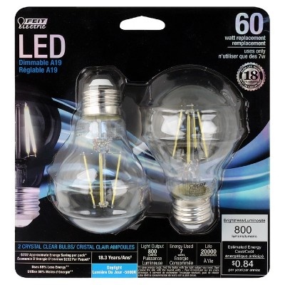 slide 1 of 1, Feit Electric A19 60-Watt Filament LED Light Bulb Medium Base 5000K - Clear, 2 ct