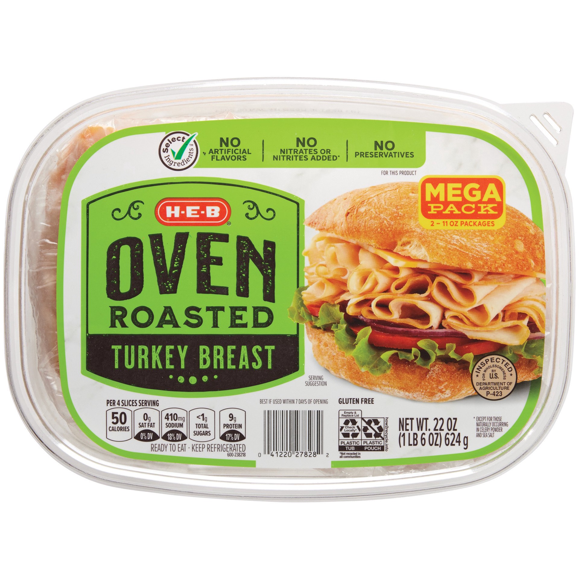 slide 1 of 1, H-E-B Oven-Roasted Turkey Breast Lunch Meat - Mega Pack, 22 oz