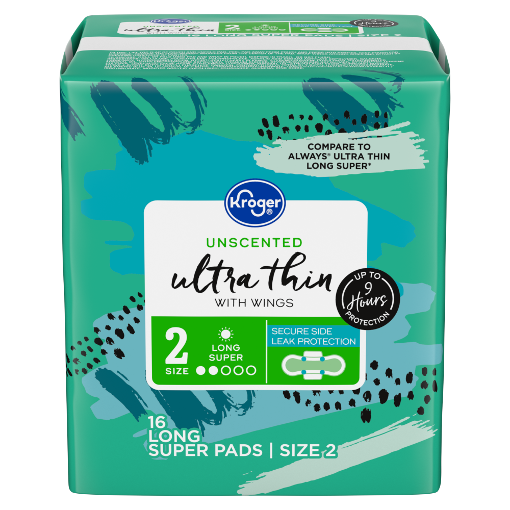 slide 1 of 1, Kroger® Ultra Thin with Wings Long Size 2 Super Pads Unscented, 16 ct