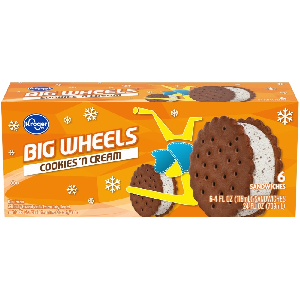 slide 1 of 1, Kroger Big Wheels Cookies 'N Cream Round Ice Cream Sandwiches, 6 ct; 4 fl oz