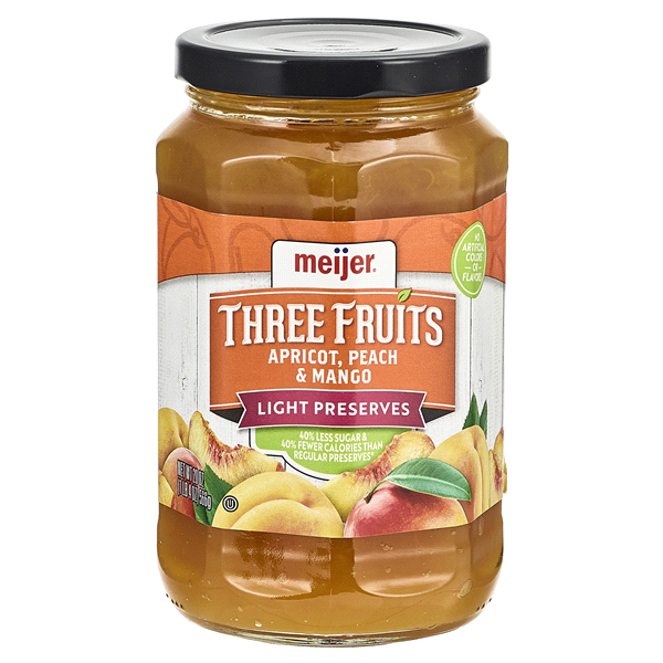 slide 1 of 1, Meijer Three Fruits Light Preserves Apricot Peach & Mango, 20 oz