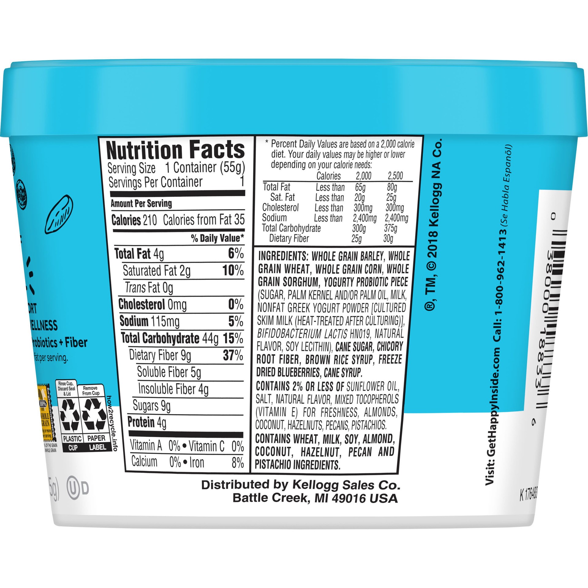 slide 4 of 5, HI! Happy Inside, Breakfast Cereal, Bold Blueberry, with Prebiotics, Probiotics and Fiber for Digestive Wellness, Non-GMO, 1.94oz Cup, 1.94 oz