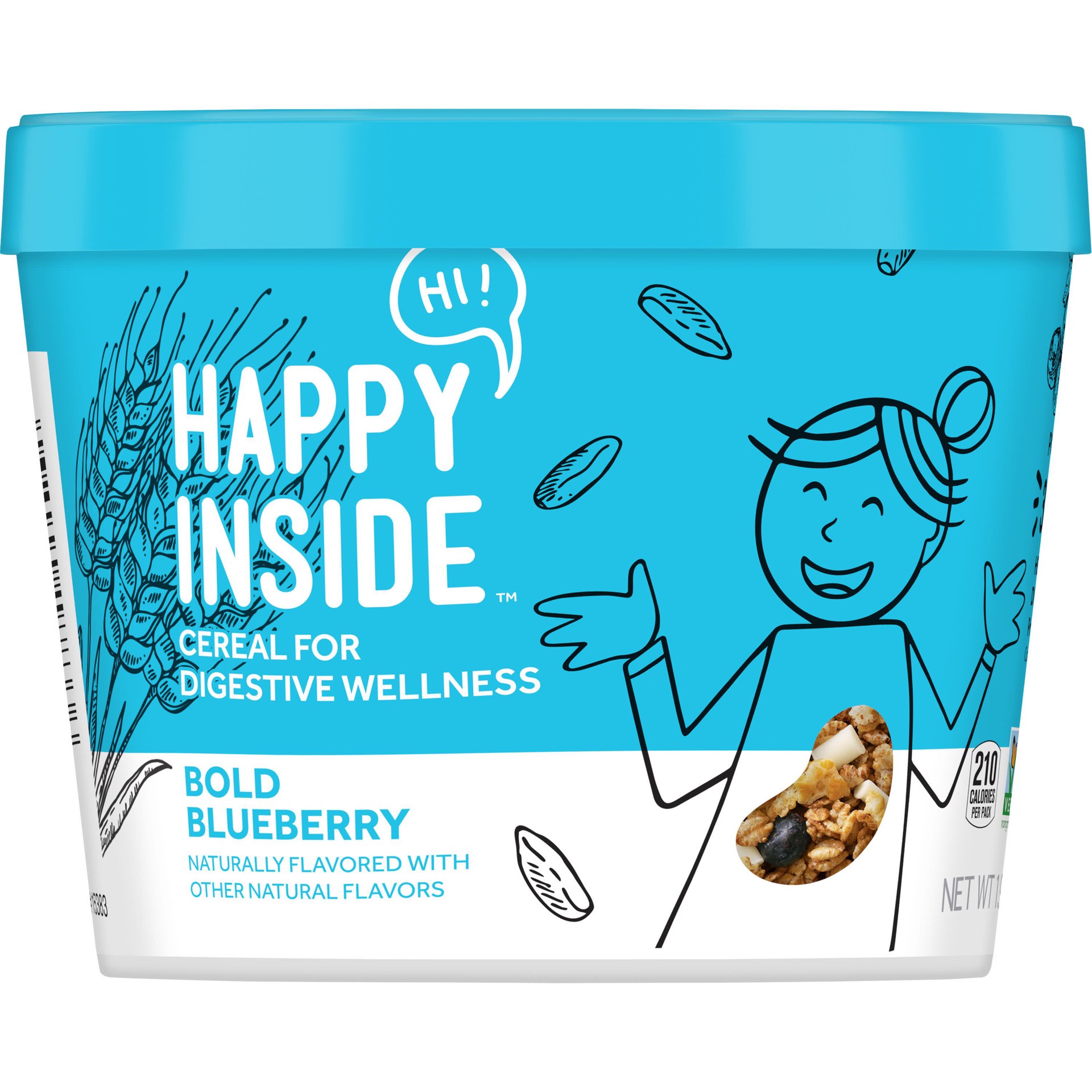 slide 3 of 5, HI! Happy Inside, Breakfast Cereal, Bold Blueberry, with Prebiotics, Probiotics and Fiber for Digestive Wellness, Non-GMO, 1.94oz Cup, 1.94 oz