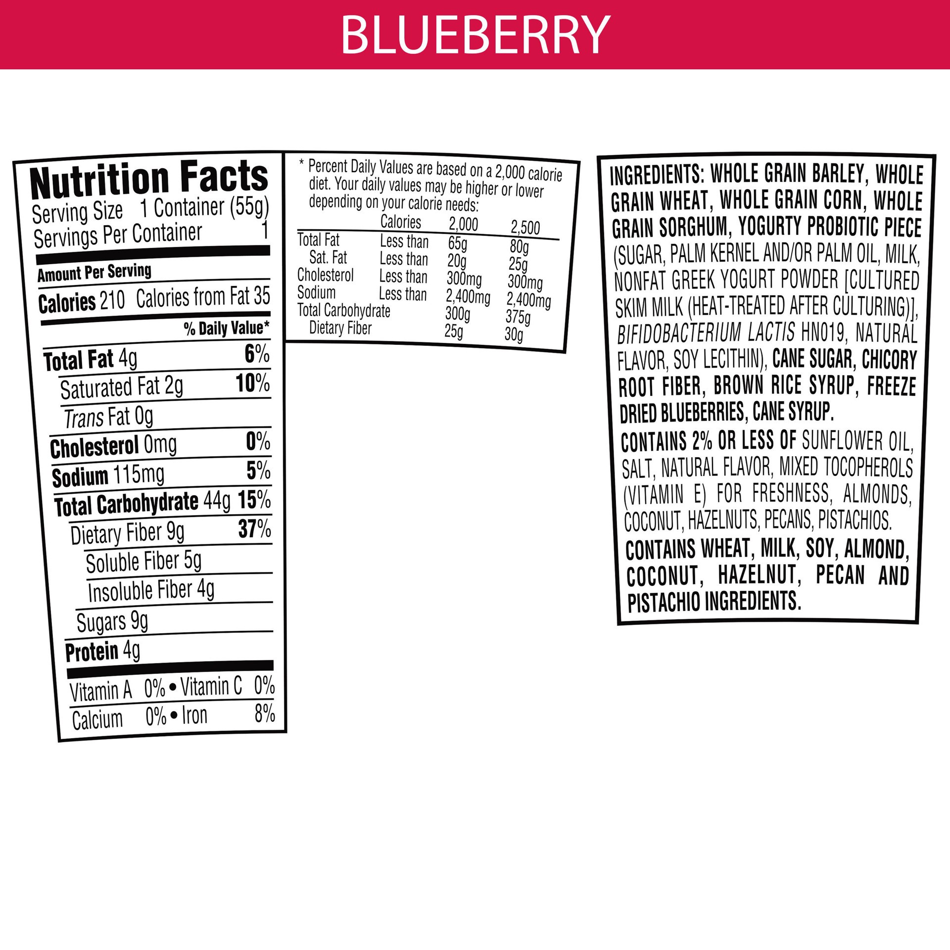 slide 5 of 5, HI! Happy Inside, Breakfast Cereal, Bold Blueberry, with Prebiotics, Probiotics and Fiber for Digestive Wellness, Non-GMO, 1.94oz Cup, 1.94 oz