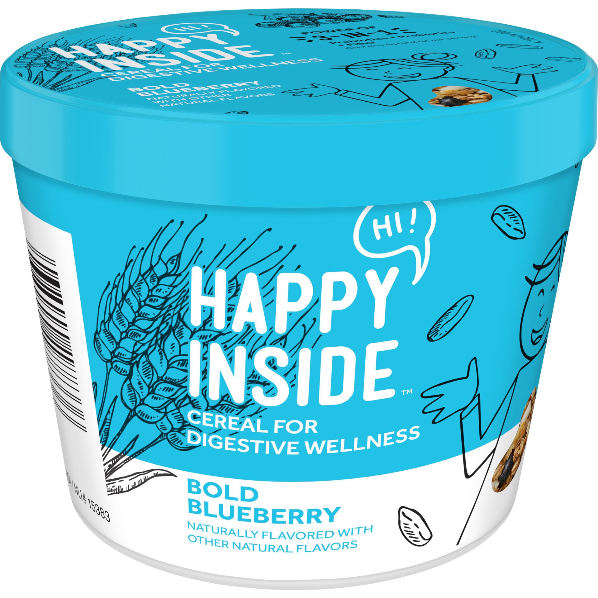 slide 1 of 5, HI! Happy Inside, Breakfast Cereal, Bold Blueberry, with Prebiotics, Probiotics and Fiber for Digestive Wellness, Non-GMO, 1.94oz Cup, 1.94 oz