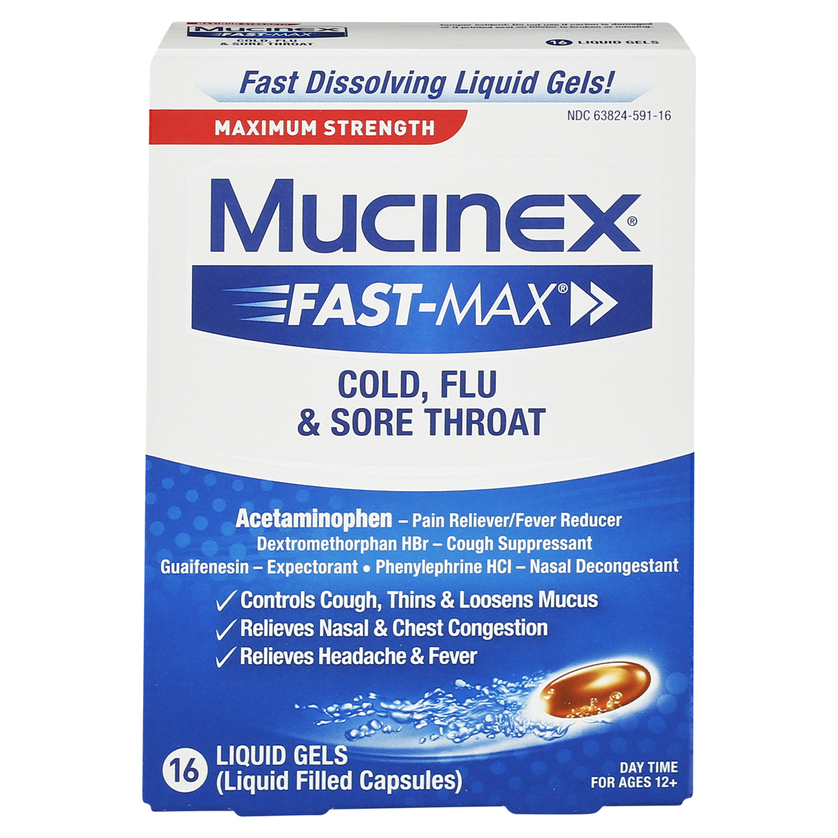 slide 1 of 1, Mucinex Fast-Max Day Time Maximum Strength Cold, Flu & Sore Throat 16 ea, 16 ct