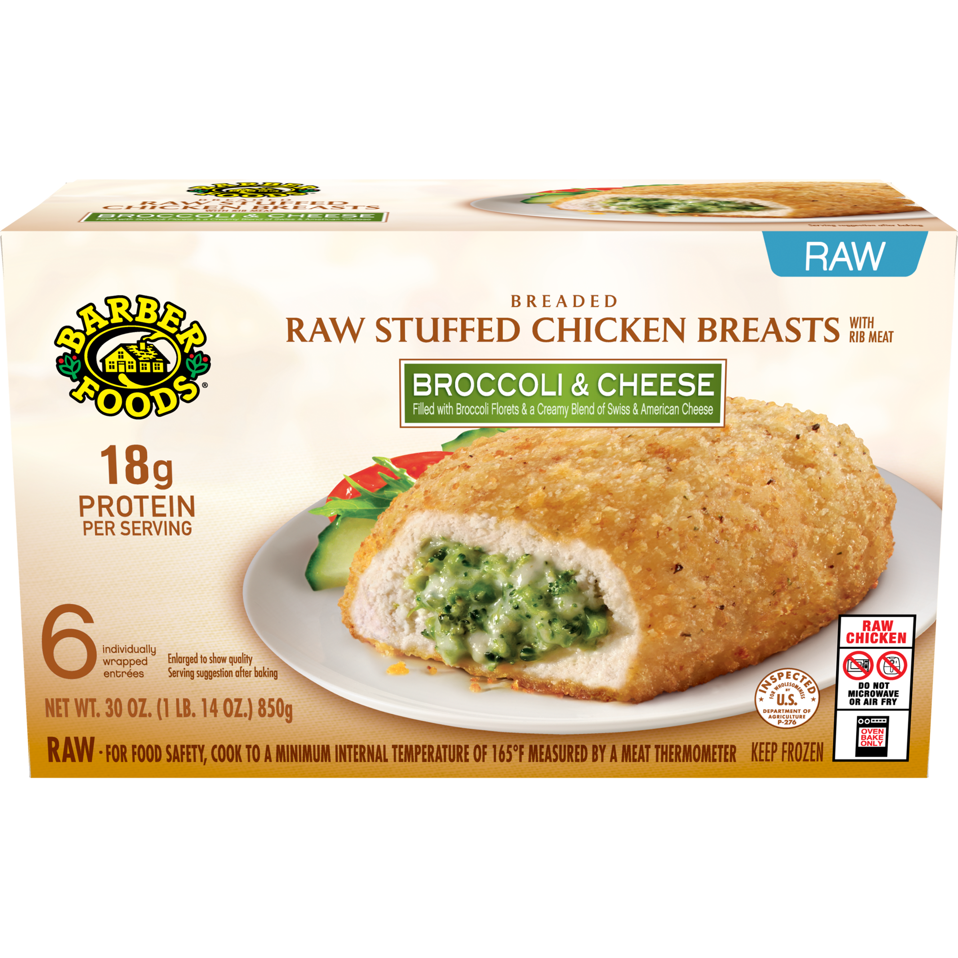 slide 1 of 11, Barber Foods Stuffed Chicken Breasts Broccoli Cheese, 6 Count, 850.49 g