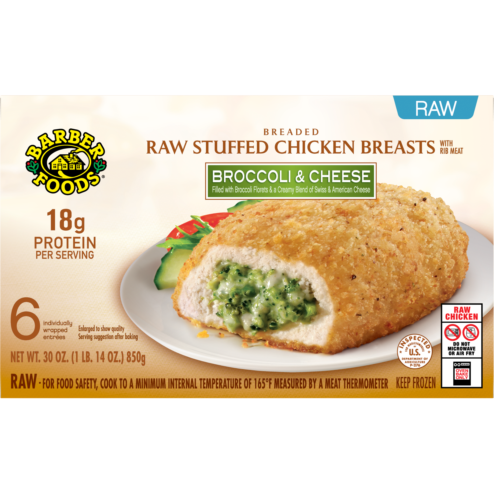 slide 1 of 11, Barber Foods Stuffed Chicken Breasts Broccoli Cheese, 6 Count, 850.49 g