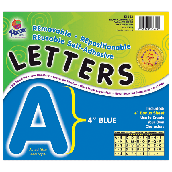 slide 1 of 3, Pacon Self-Adhesive Letters, 4'', Blue, Pack Of 78, 78 ct