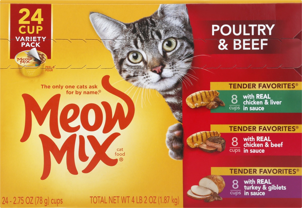 slide 5 of 10, Meow Mix Cat Food Poultry & Beef Variety Pack, 24 ct; 2.75 oz