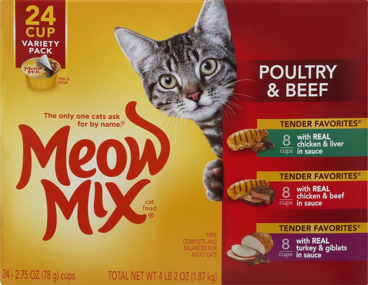 slide 8 of 10, Meow Mix Cat Food Poultry & Beef Variety Pack, 24 ct; 2.75 oz