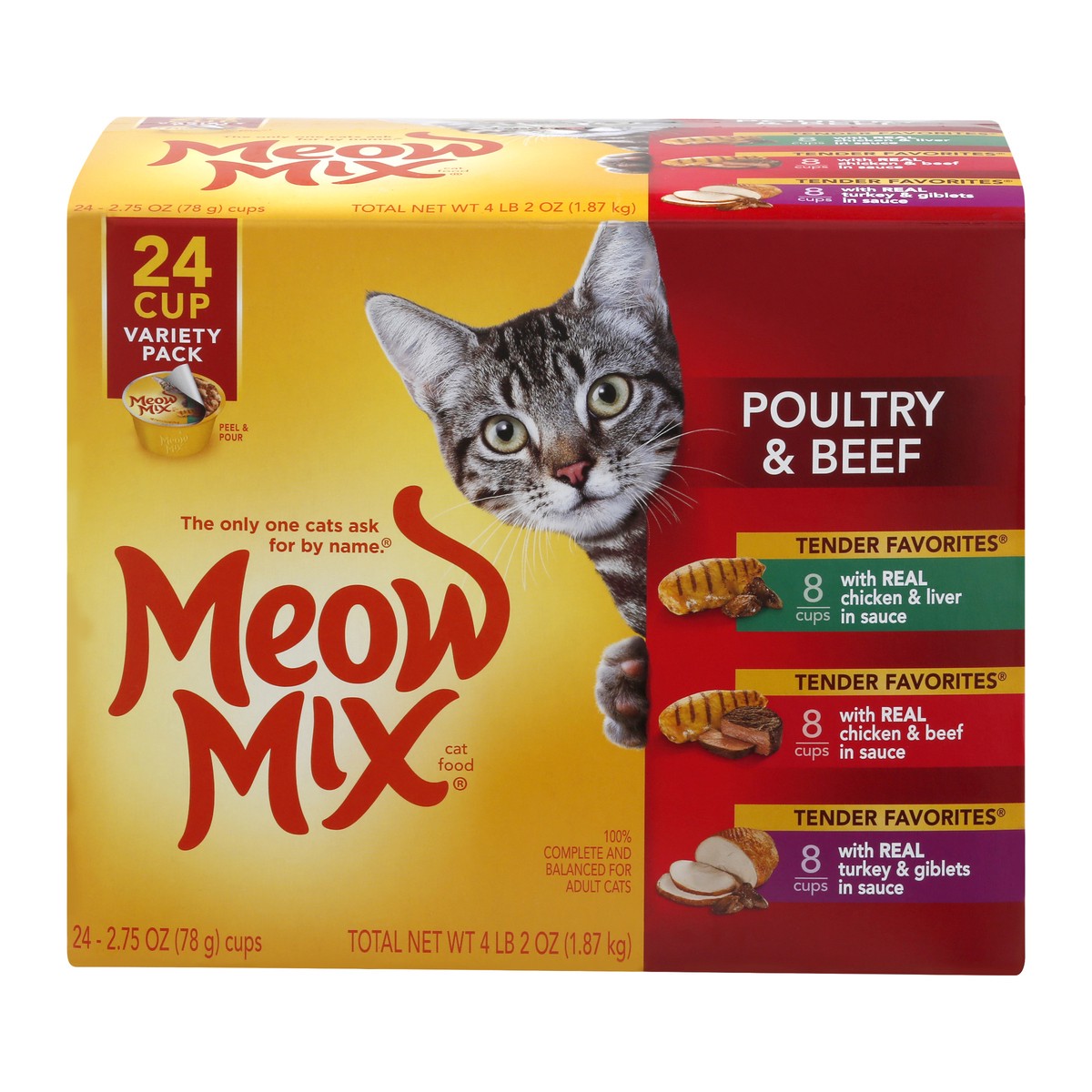 slide 1 of 10, Meow Mix Cat Food Poultry & Beef Variety Pack, 24 ct; 2.75 oz