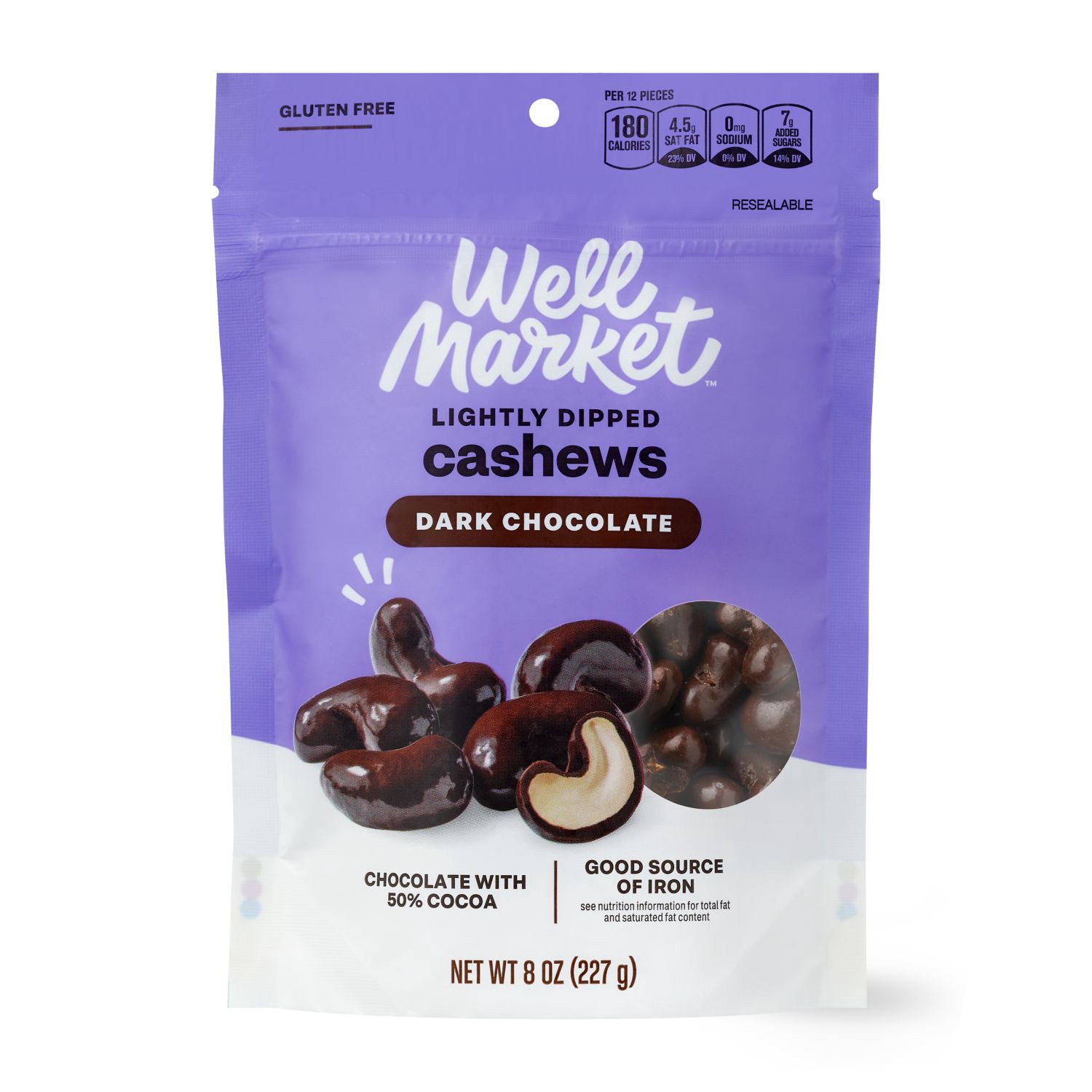 slide 1 of 3, Well Market Thinly Dipped Dark Chocolate Cashews, 8 oz, 8 oz