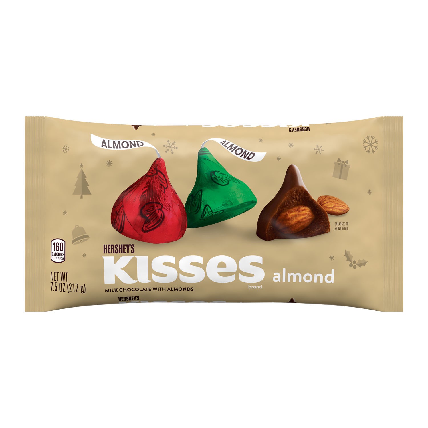 slide 1 of 5, Hershey's KISSES Milk Chocolate with Almonds Candy, Christmas, 7.5 oz, Bag, 7.5 oz
