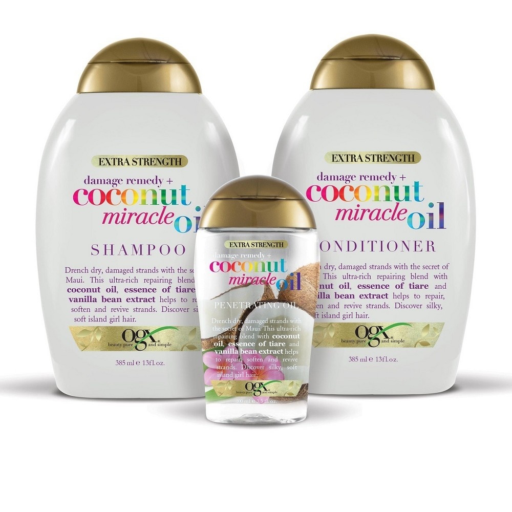 slide 2 of 3, OGX Extra Strength Damage Remedy + Coconut Miracle Oil Shampoo, 13 oz