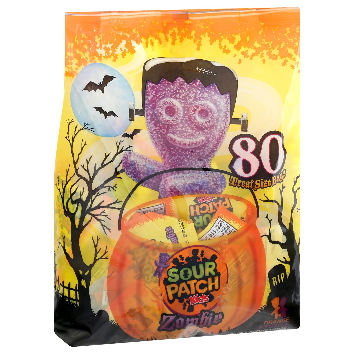 slide 2 of 9, SOUR PATCH KIDS Zombie Orange & Purple Halloween Candy, 80 Trick or Treat Snack Packs, 2.65 lb