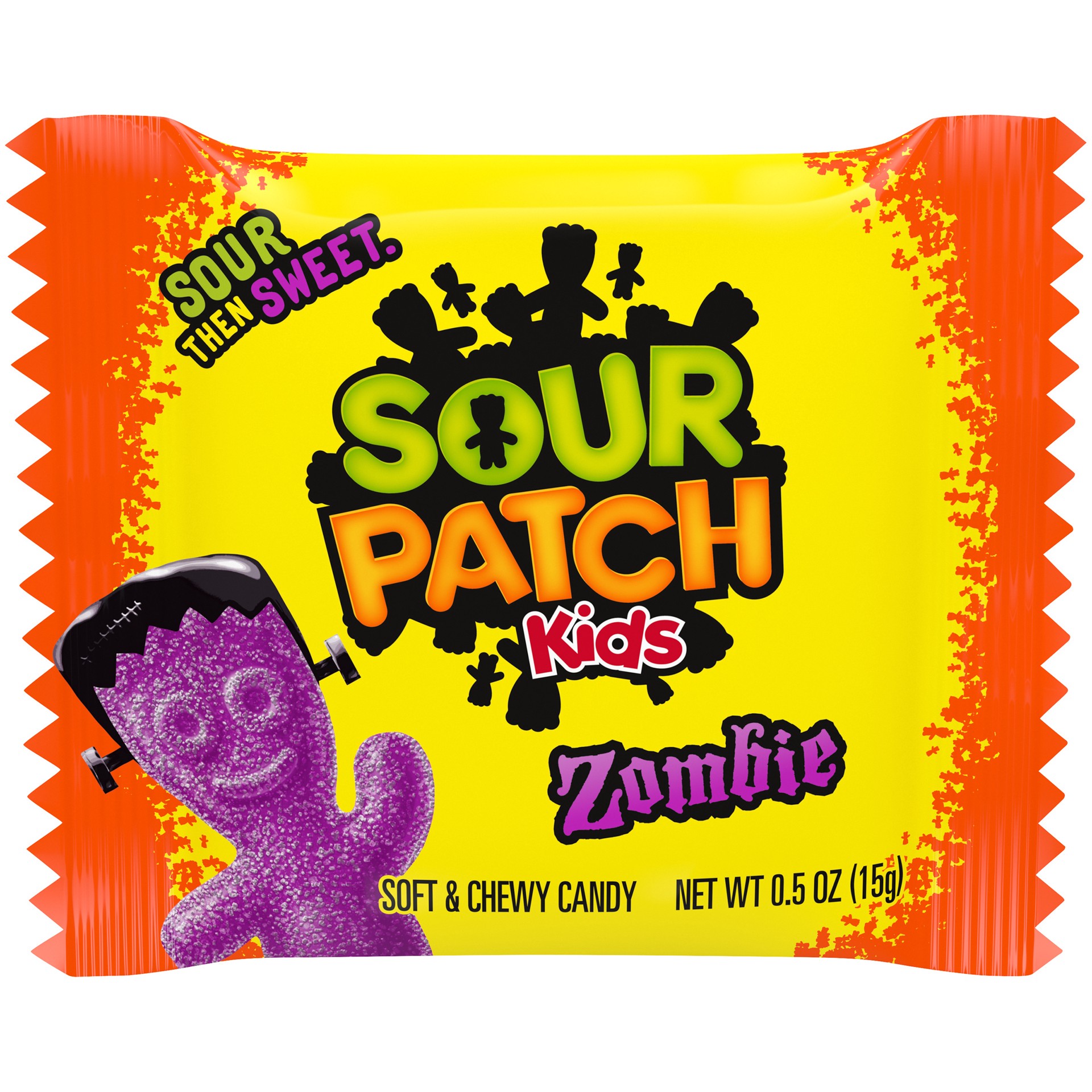 slide 1 of 9, SOUR PATCH KIDS Zombie Orange & Purple Halloween Candy, 80 Trick or Treat Snack Packs, 2.65 lb