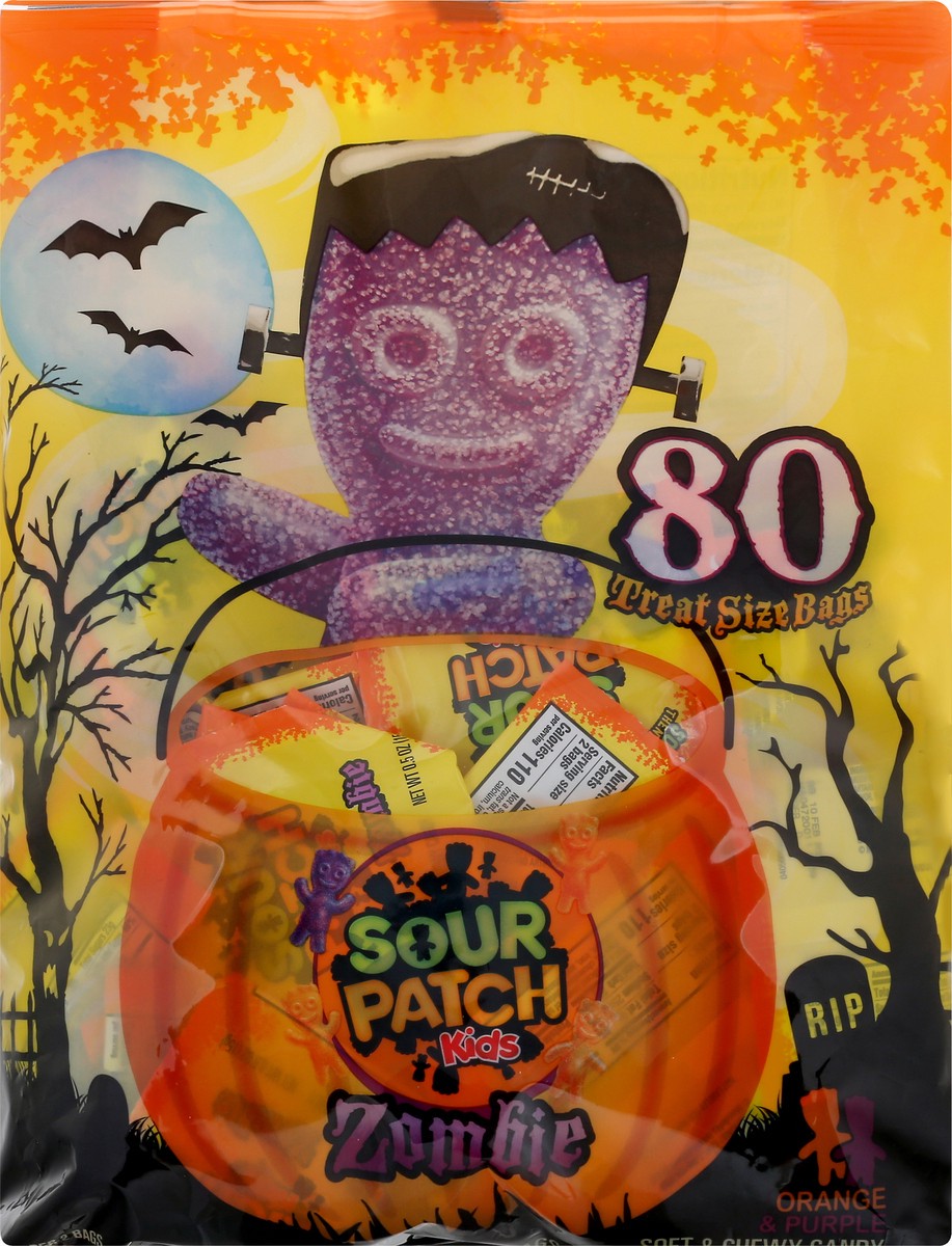 slide 6 of 9, SOUR PATCH KIDS Zombie Orange & Purple Halloween Candy, 80 Trick or Treat Snack Packs, 2.65 lb