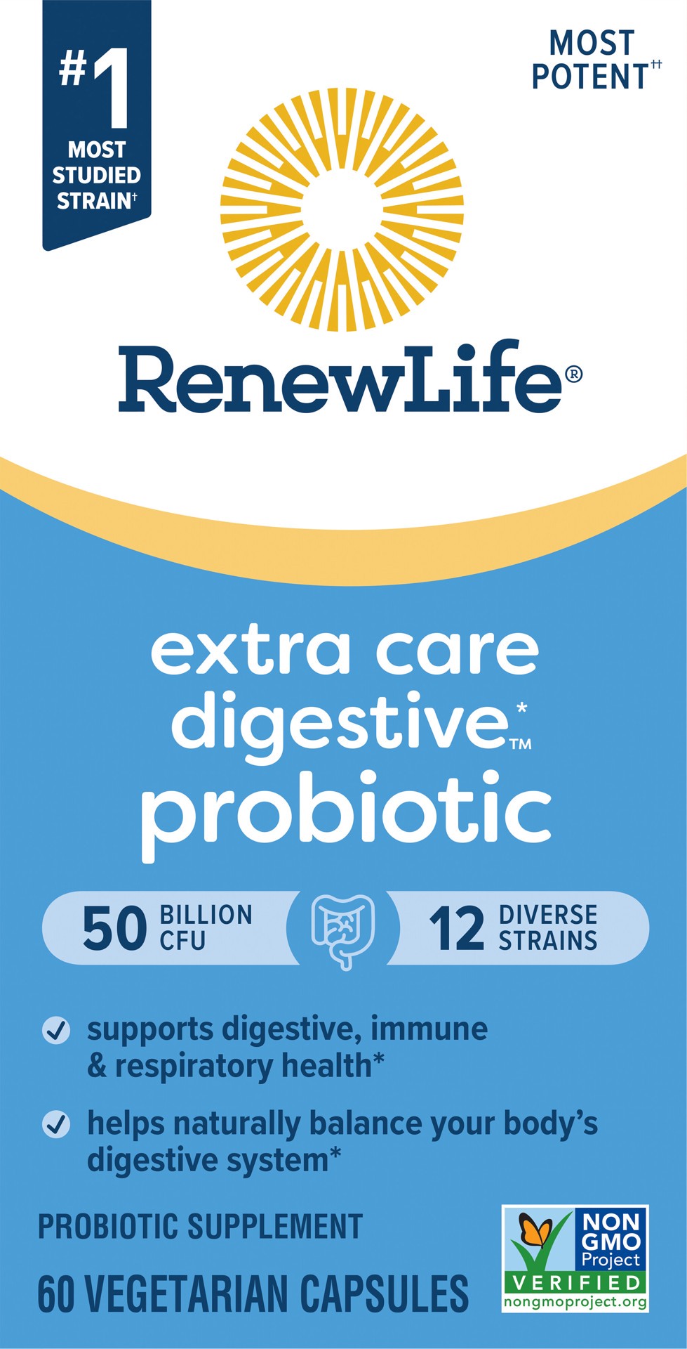 slide 1 of 5, Renew Life Extra Care Digestive Probiotic Supplement, 50 Billion CFU Guaranteed, 60 Vegetarian Probiotic Capsules, 1 ct