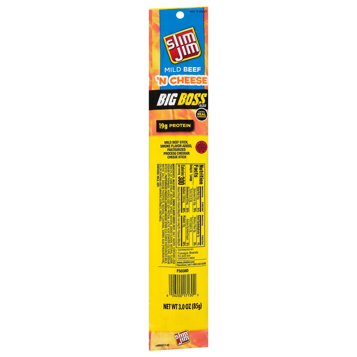 slide 2 of 9, Slim Jim Big Boss Size Mild Beef 'N Cheese Meat Stick 3.0 oz, 3 oz