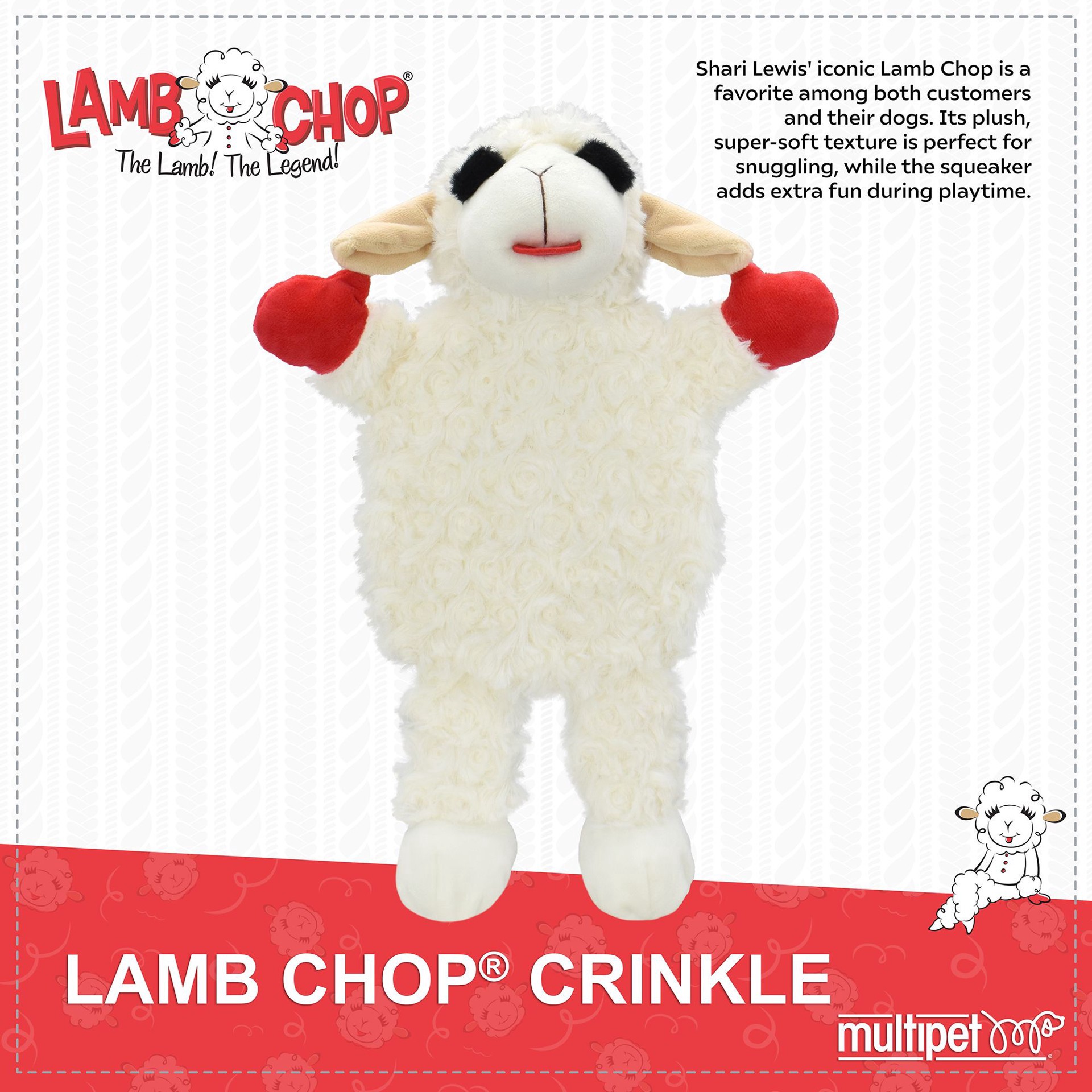 slide 1 of 1, Multipet Lamb Chop Crinkle Squeaker Plush Dog Toy, LG