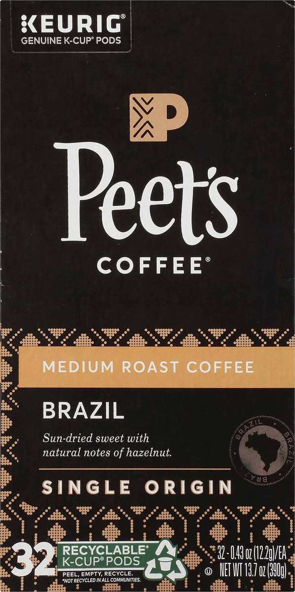 slide 7 of 9, Peet's Coffee Brazil Medium Roast Coffee K-Cup Pods 32 ct Box, 13.7 oz