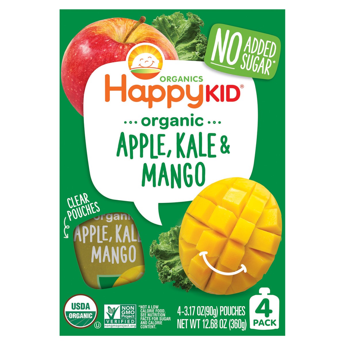 slide 1 of 3, HappyKid Happy Kid Organics Organic Apple, Kale & Mango Pouch 4pk 3.17 oz UNIT, 13 oz