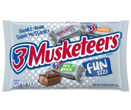 slide 1 of 1, 3 MUSKETEERS Chocolate Fun Size Chocolate Bars Candy Bag, 10.48 Ounce, 1 ct