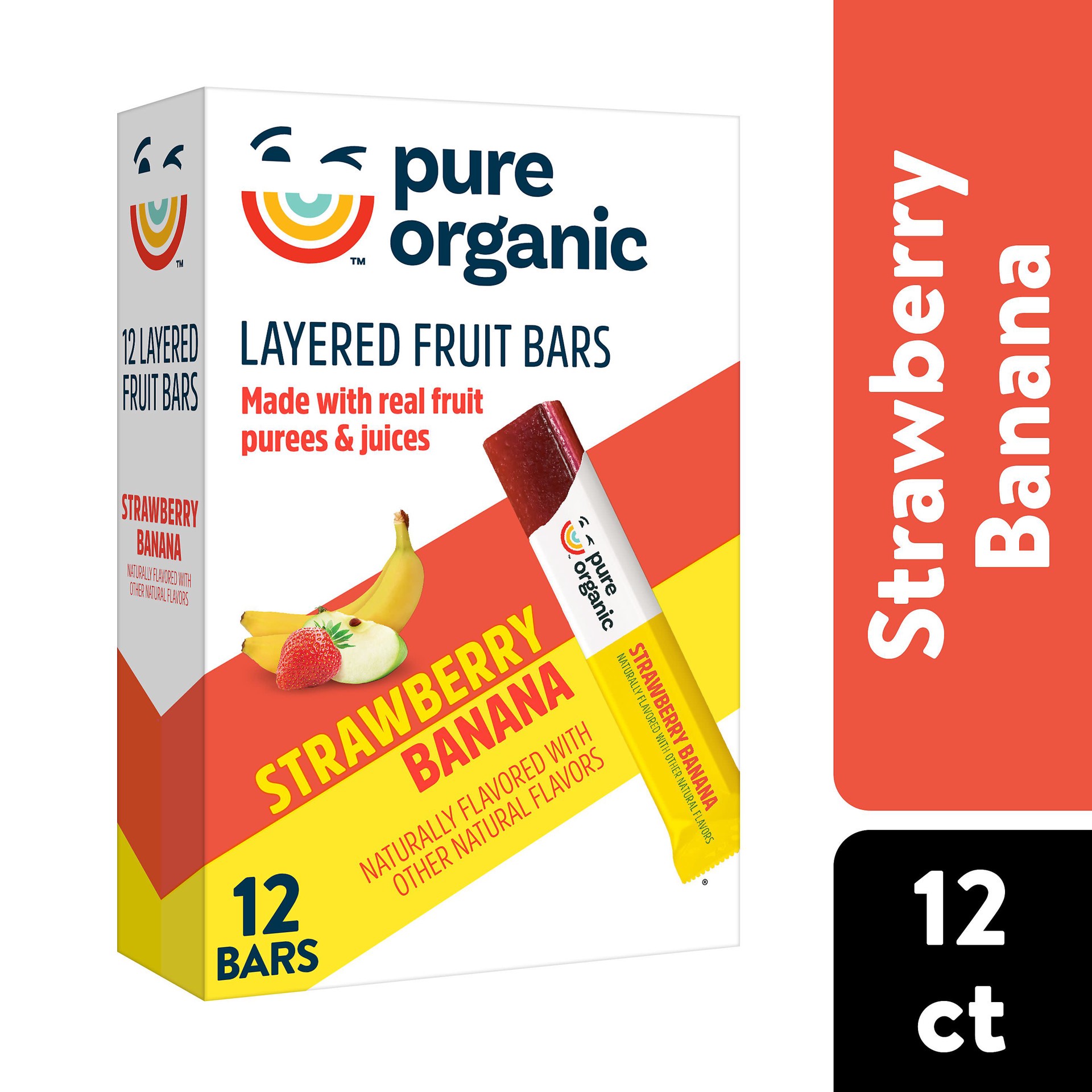 slide 1 of 27, Pure Organic, Layered Fruit Bars, Strawberry Banana, Gluten Free and Vegan Fruit Snacks, 6.2oz Box, 12 Count, 6.2 oz