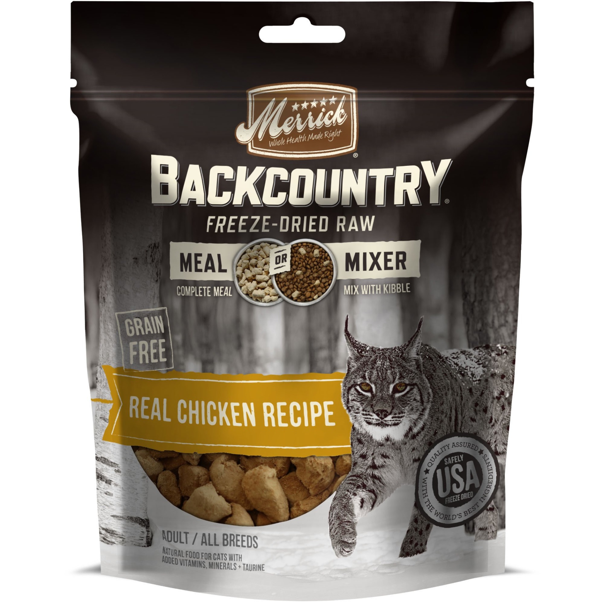 slide 1 of 1, Merrick Backcountry Freeze-Dried Raw Real Chicken Recipe Meal Or Mixer Grain Free Adult Cat Food, 4 oz