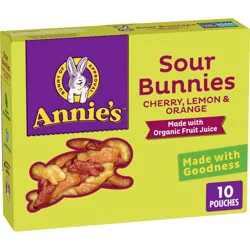 Annie's Sour Bunnies Fruit Flavored Snacks, Cherry, Lemon, and Orange Flavors, Halloween Snacks, 10 Ct, 7 oz