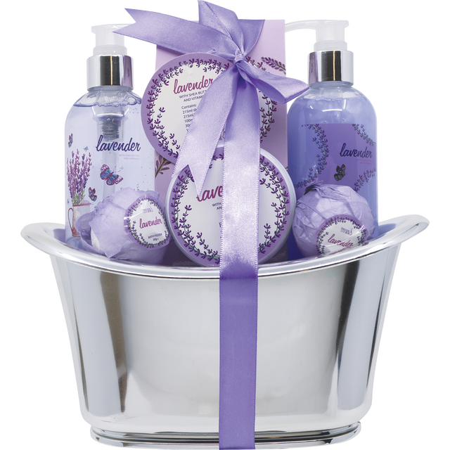 slide 1 of 1, FREIDA & JOE Lavender Fragrance Bath & Body Spa Gift Set In A Silver Tub, 1 ct