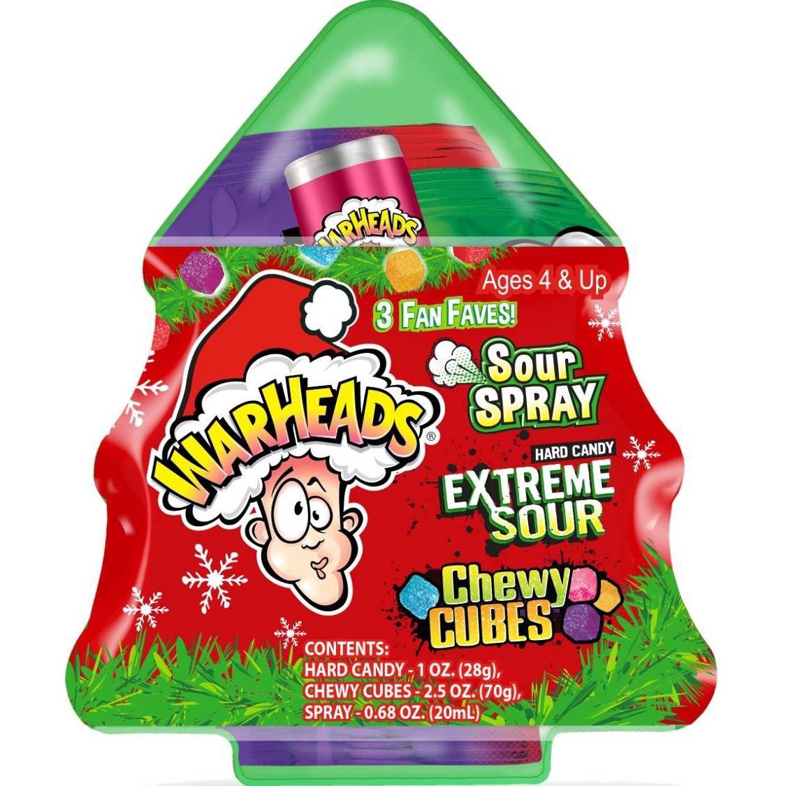 slide 1 of 3, Warheads Holiday Sour Scrambler Chewy Candy Tree, 4.23 oz