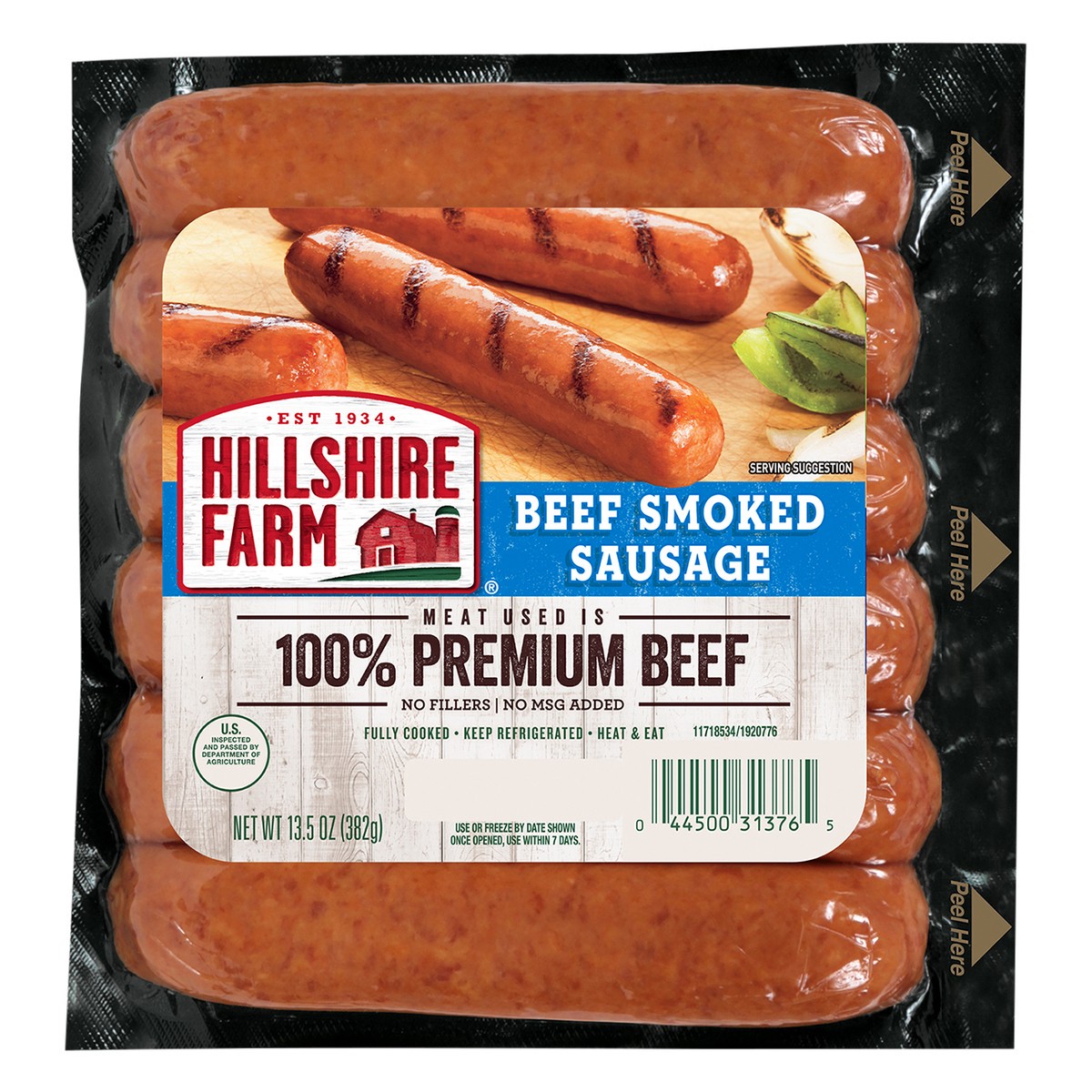 slide 1 of 6, Hillshire Farm Beef Smoked Sausage Links, 6 Count, 382.72 g
