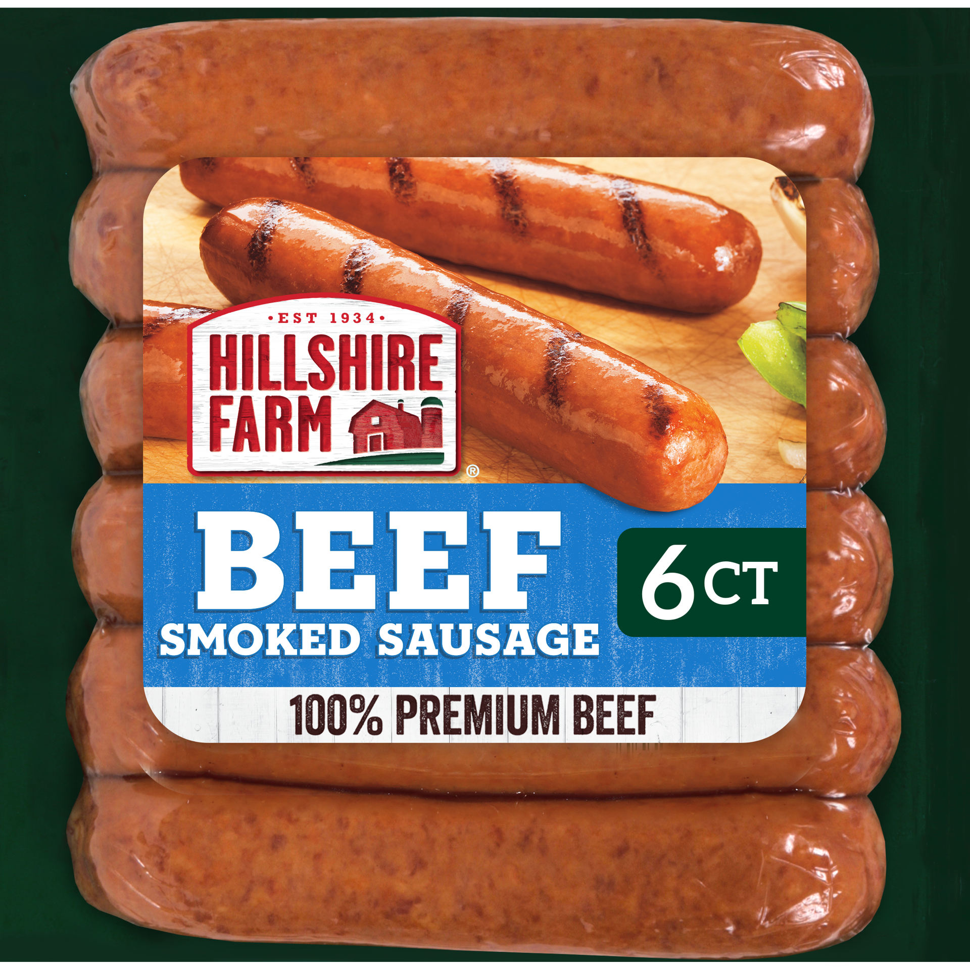 slide 1 of 6, Hillshire Farm Beef Smoked Sausage Links, 6 Count, 382.72 g