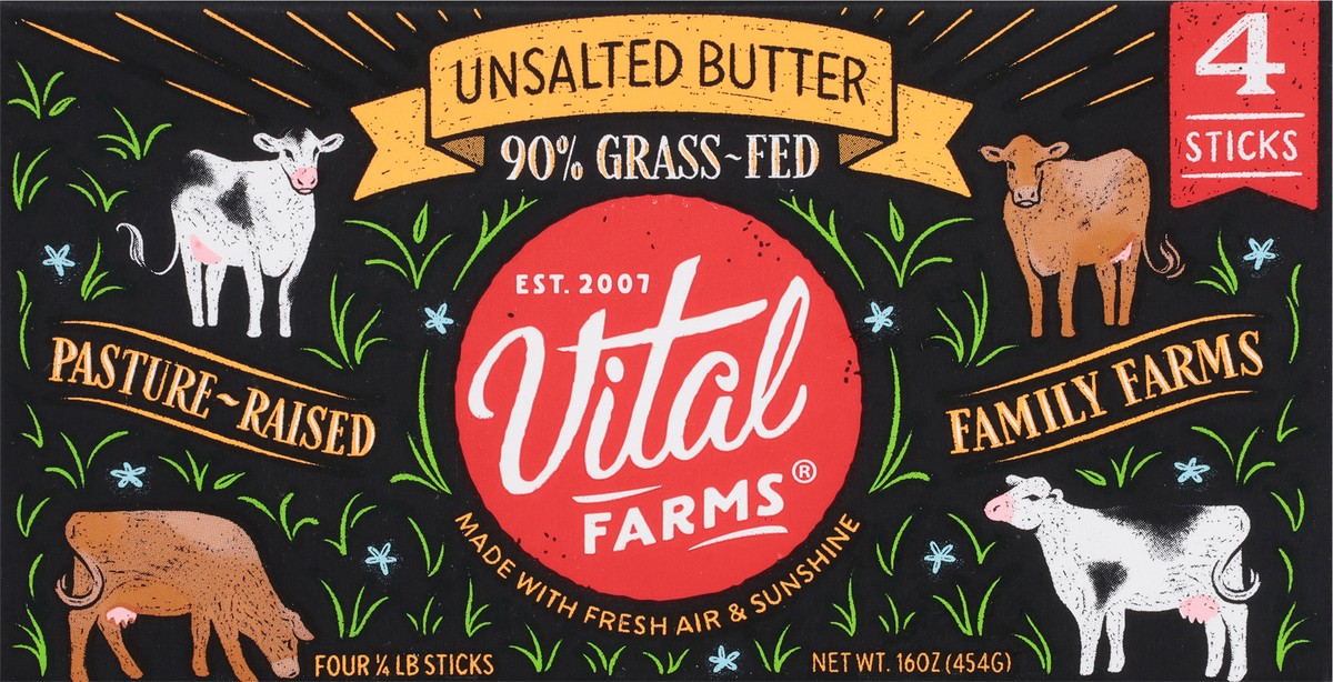 slide 4 of 15, Vital Farms 90% Grass-Fed Pasture-Raised Unsalted Butter 4 - 0.25 lb Sticks, 4 ct