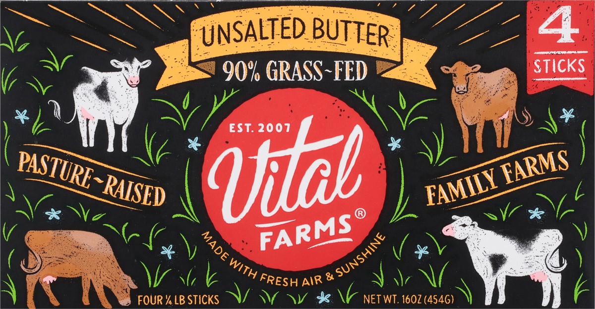 slide 2 of 15, Vital Farms 90% Grass-Fed Pasture-Raised Unsalted Butter 4 - 0.25 lb Sticks, 4 ct