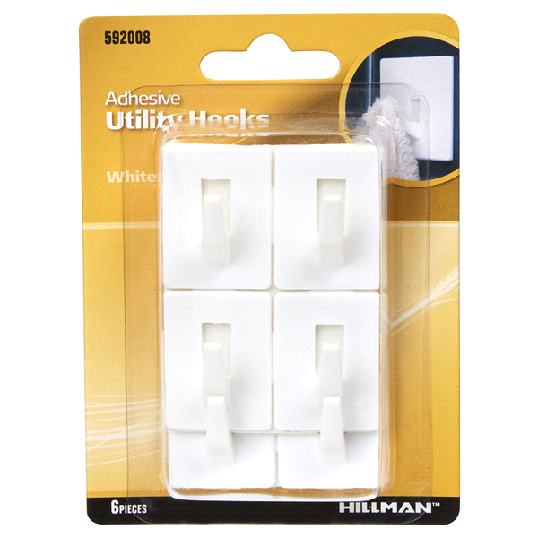 slide 1 of 1, Hillman Adhesive Plastic Utility Hooks, 6 ct