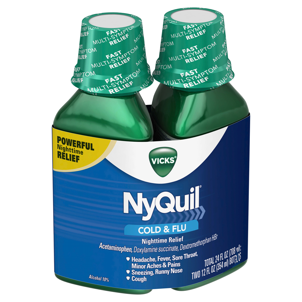 slide 2 of 3, Vicks Nyquil, Nighttime Cold & Flu Symptom Relief, Relives Aches, Fever, Sore, 2 ct; 12 oz